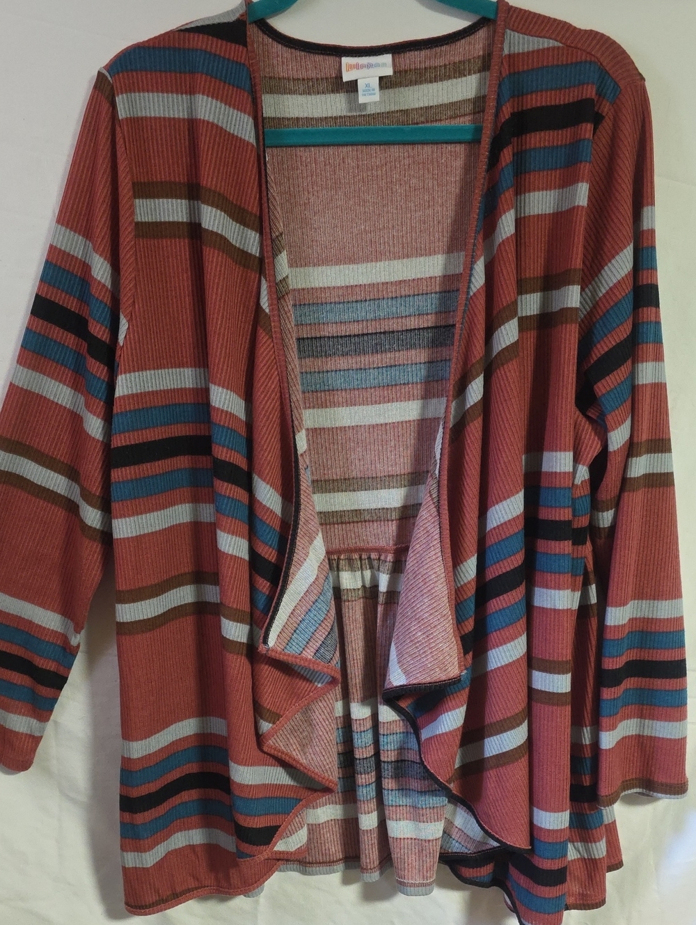 LuLaRoe Rust Striped Open Drape Cardigan with Teal & Cream